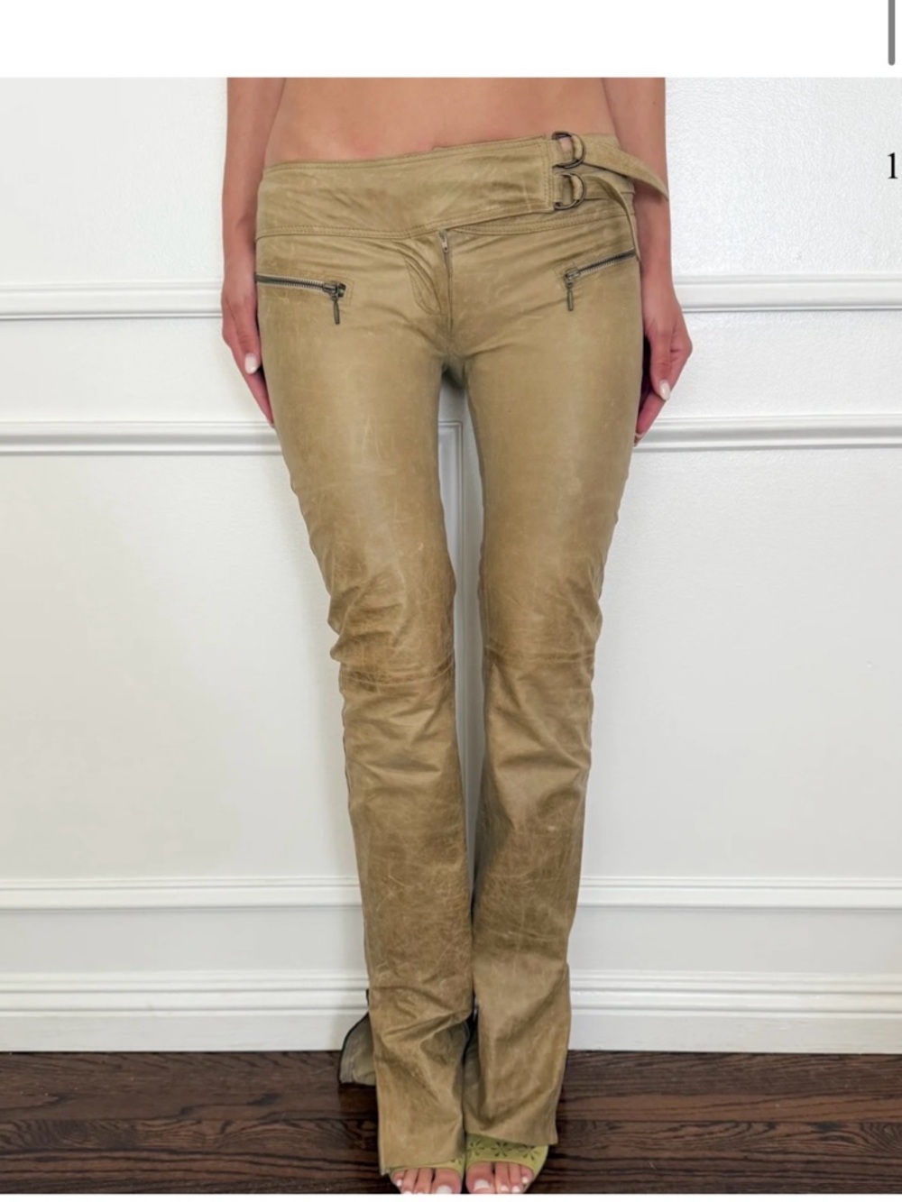 Plein Sud Distressed Tan Leather Pants with Side Buckle